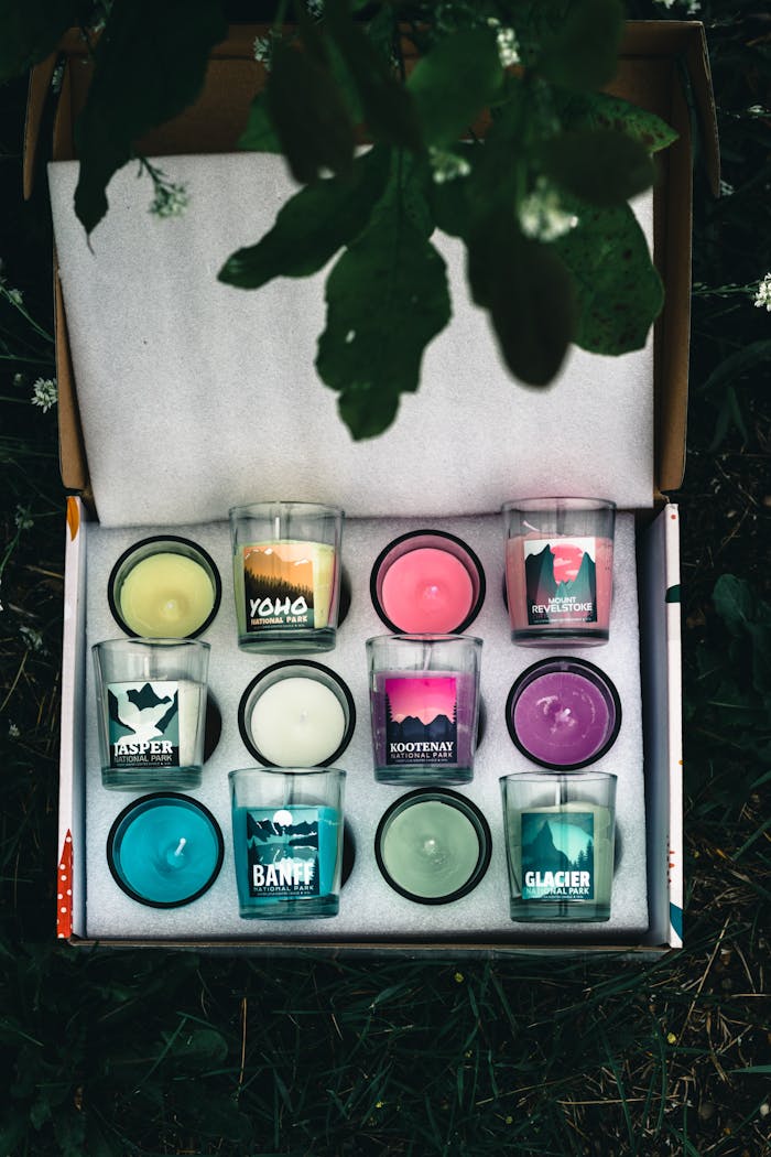 Assorted scented candles inspired by Canadian landscapes in a decorative box.