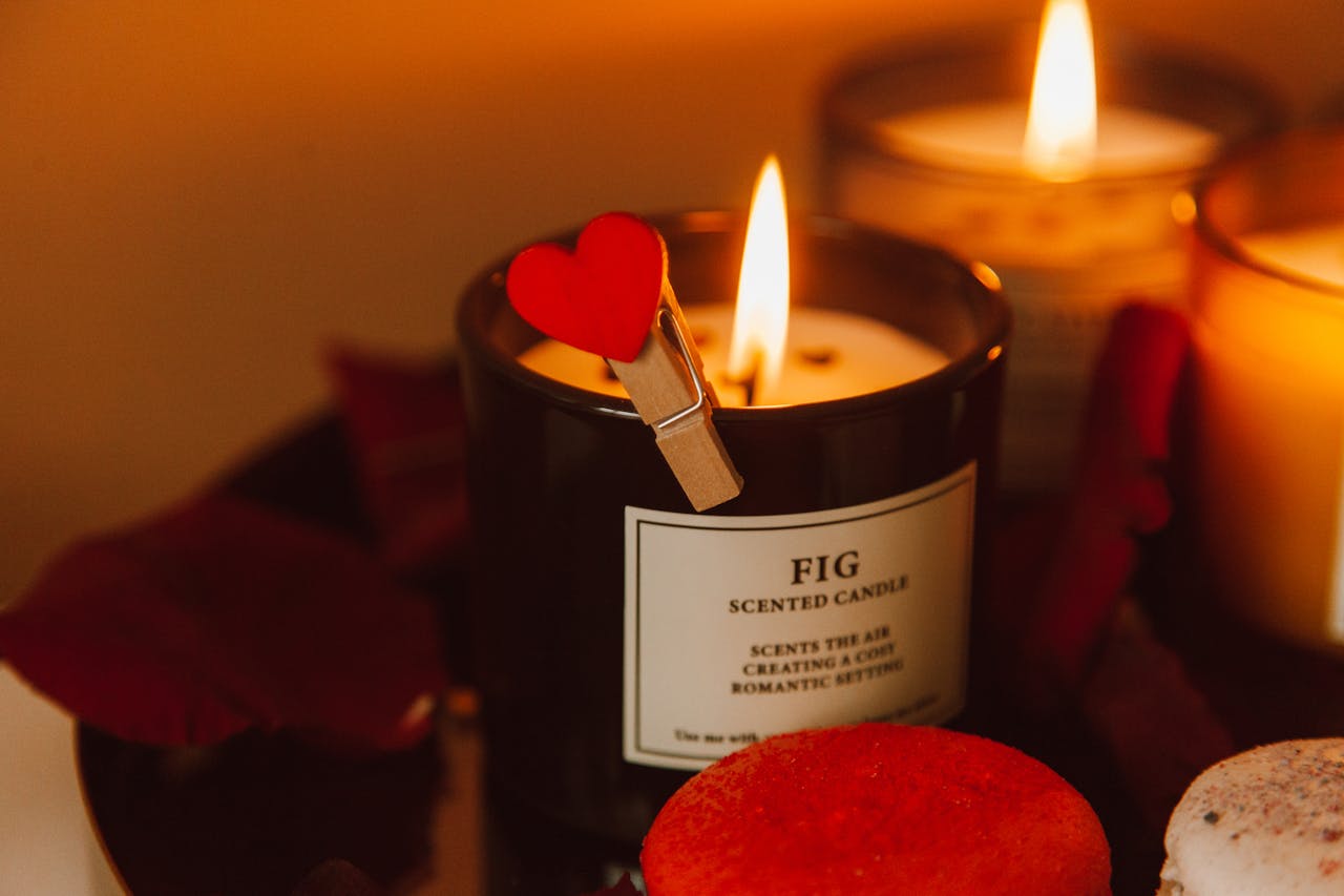 Warm and cozy candlelit scene with heart decor, perfect for Valentines Day ambiance.